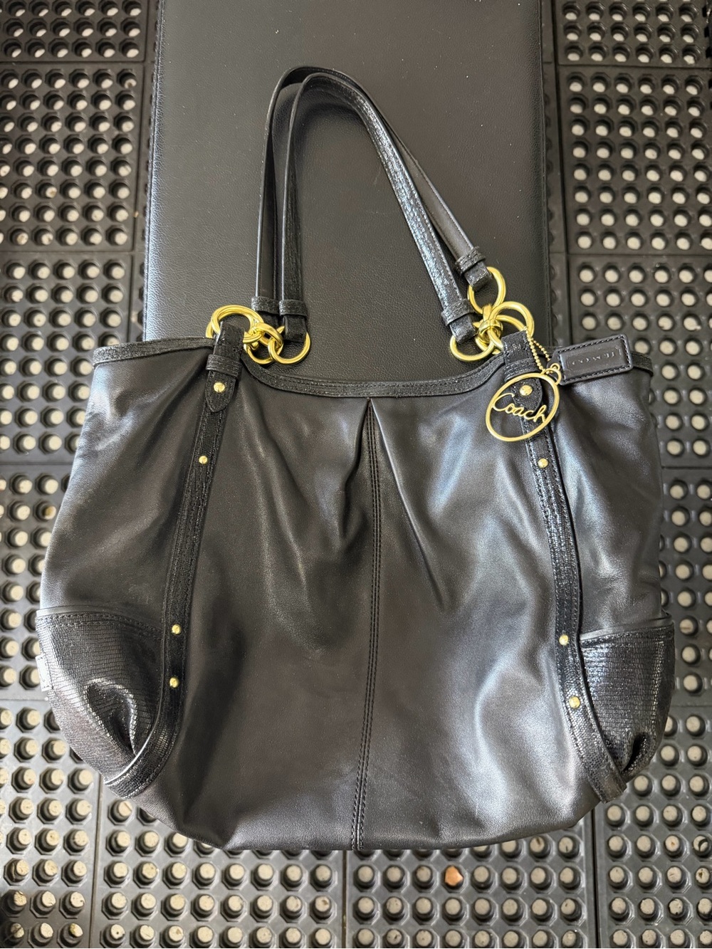 Coach Black Leather Shoulder Bag with Gold Accents